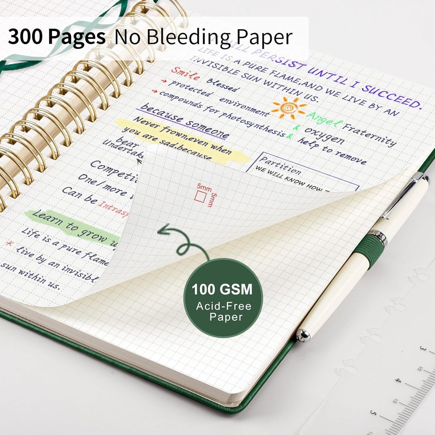 EMSHOI Spiral Graph Paper Notebook - 300 Pages, 100 GSM Thick Grid Notebook, A5 Small Hardcover Leather Journal for Women Men Writing Engineering Graphing, 5.7" x 8.22", Dark Green