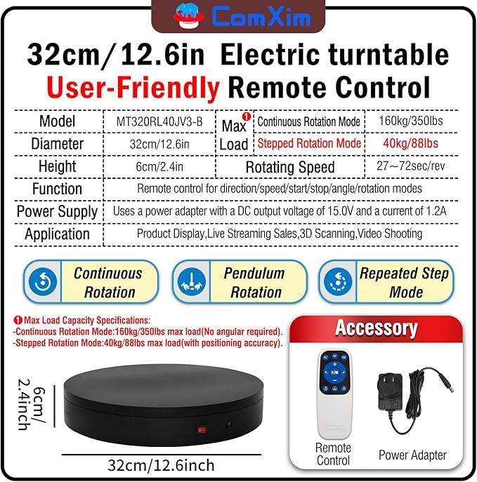 12.6Inch/350lbs Capacity Electric Motorized Turntable, Remote Rotating Display - Image 2