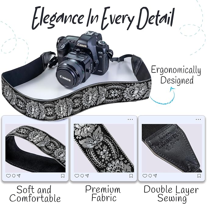 Art Tribute Camera Strap, Vintage Embroidered Neck Shoulder & Crossbody Camera - Image 3