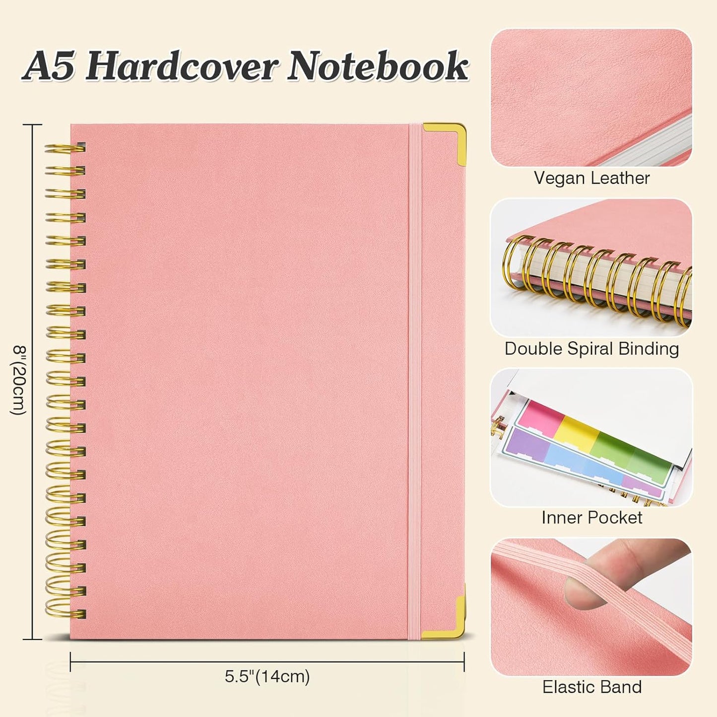 Graph Paper Notebook, Spiral Grid Notebook, Hardcover Leather Journal 300 Pages, 100gsm Thick Grid Paper Notebook, A5 Small Graphing Notebook Journal for Women Men Writing Engineering School Work
