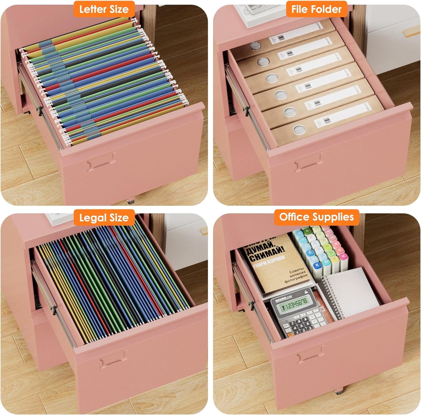 METAN 2 Drawer Vertical File Cabinet with Lock, Mobile Metal Filing Cabinet for Legal/Letter Size, Office Storage File Cabinet Under Desk with Card Holder,Assembly Required,Pink