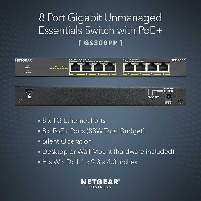 NETGEAR 8-Port PoE+ Gigabit Ethernet Unmanaged Essentials Switch - - Image 2