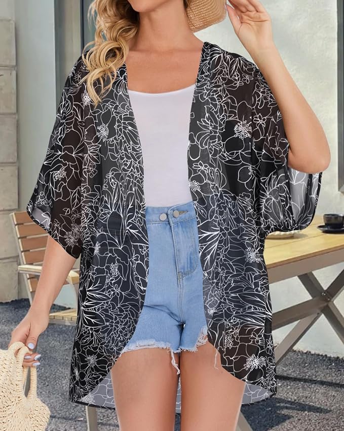 Women's Floral Print Puff Sleeve Kimono Cardigan Loose Cover Up Casual Blouse - Image 5