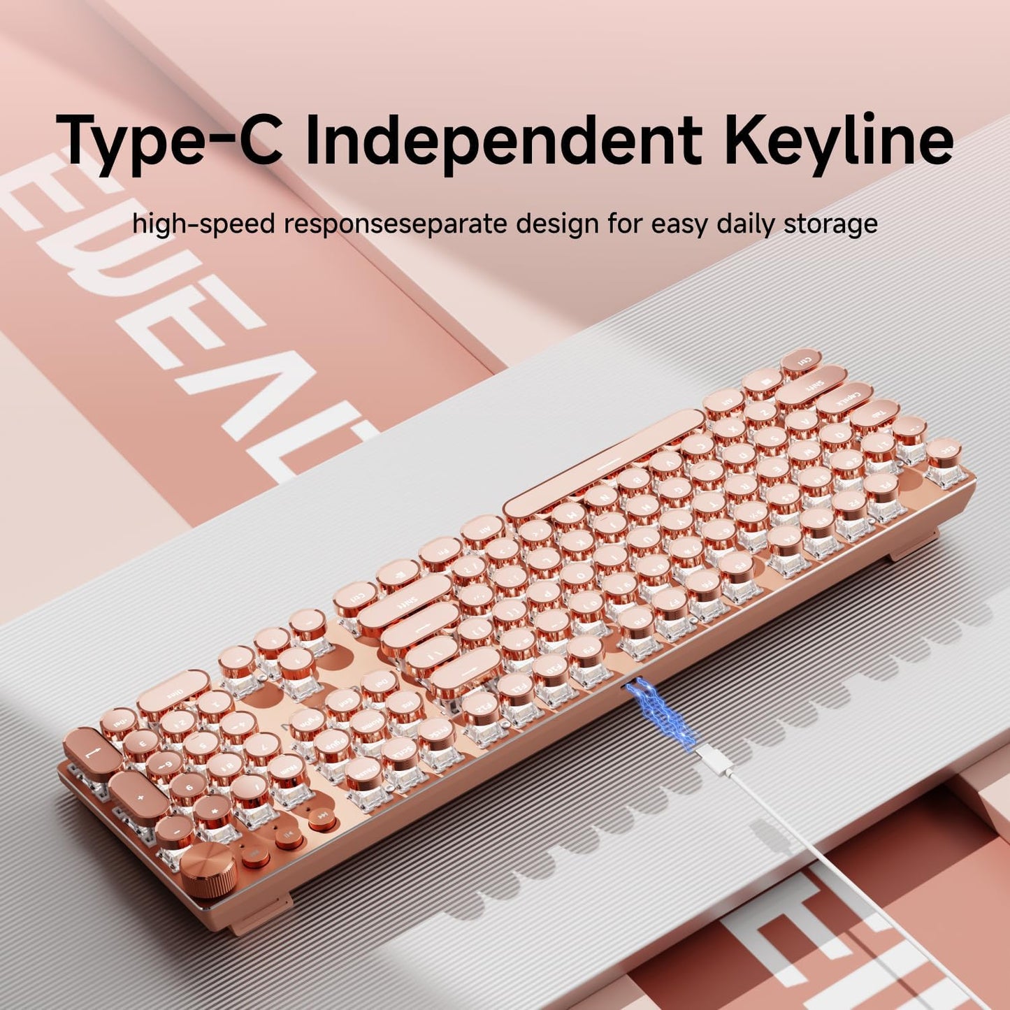 EWEADN Typewriter Style Mechanical Gaming Keyboard, Wired Mechanical Keyboards,104 Keys Backlit LED Keyboards, Media Control Knob, Wired Computer Keyboard Pink Switch for Windows/Mac/PC-Pink