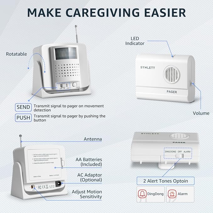 Bed Alarm Caregiver Pager with Wireless Motion Sensor Alarm Indoor Fall - Image 7