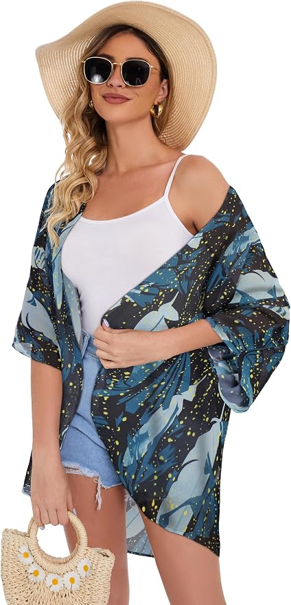 Women's Floral Print Puff Sleeve Kimono Cardigan Loose Cover Up Casual Blouse - Image 4