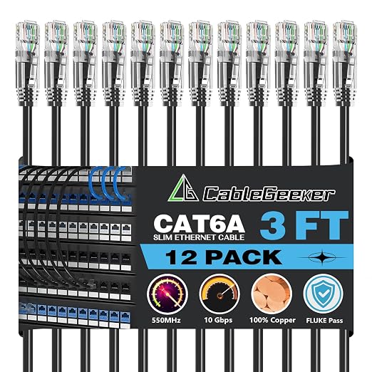 CableGeeker Patch Cables Cat6a 3ft Slim, Cat6 Ethernet Patch Cable 10G Support by CableGeeker