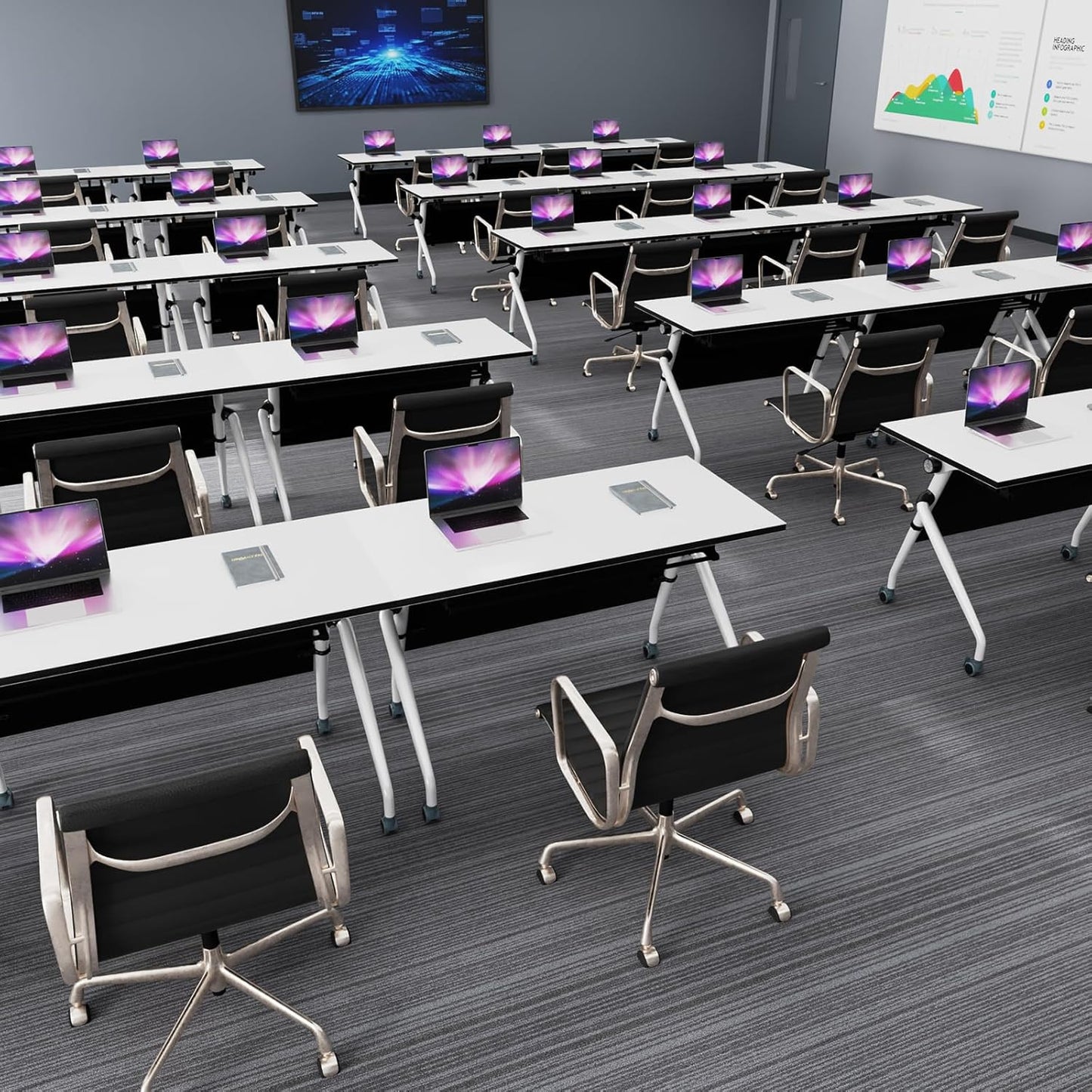 Conference Table, Folding Conference Room Tables, Mobile Training Tables with Silent Wheels, Large Rectangular Modular Seminar Table Office Computer Desks for Classroom White (4Pack L55.1in)