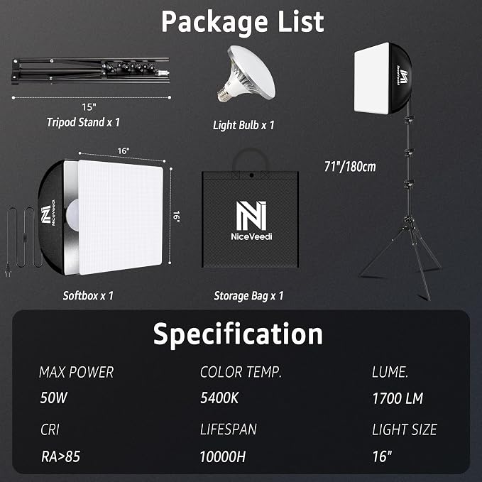 Softbox Lighting Kit, NiceVeedi 16'' x 16'' Softbox Photography Lighting Kit - Image 7