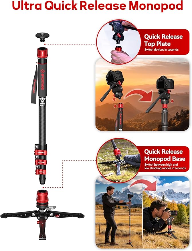 IFOOTAGE Monopod Cobra 3 C180F-P, 1/4'' & 3/8'' Quick Release Compatible - Image 3