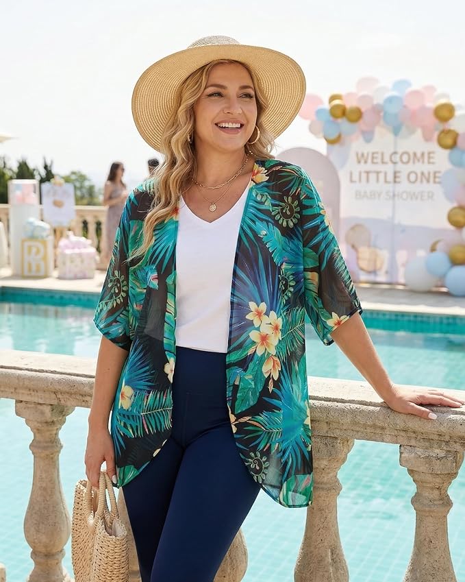 Women's Floral Print Puff Sleeve Kimono Cardigan Loose Cover Up Casual Blouse - Image 2