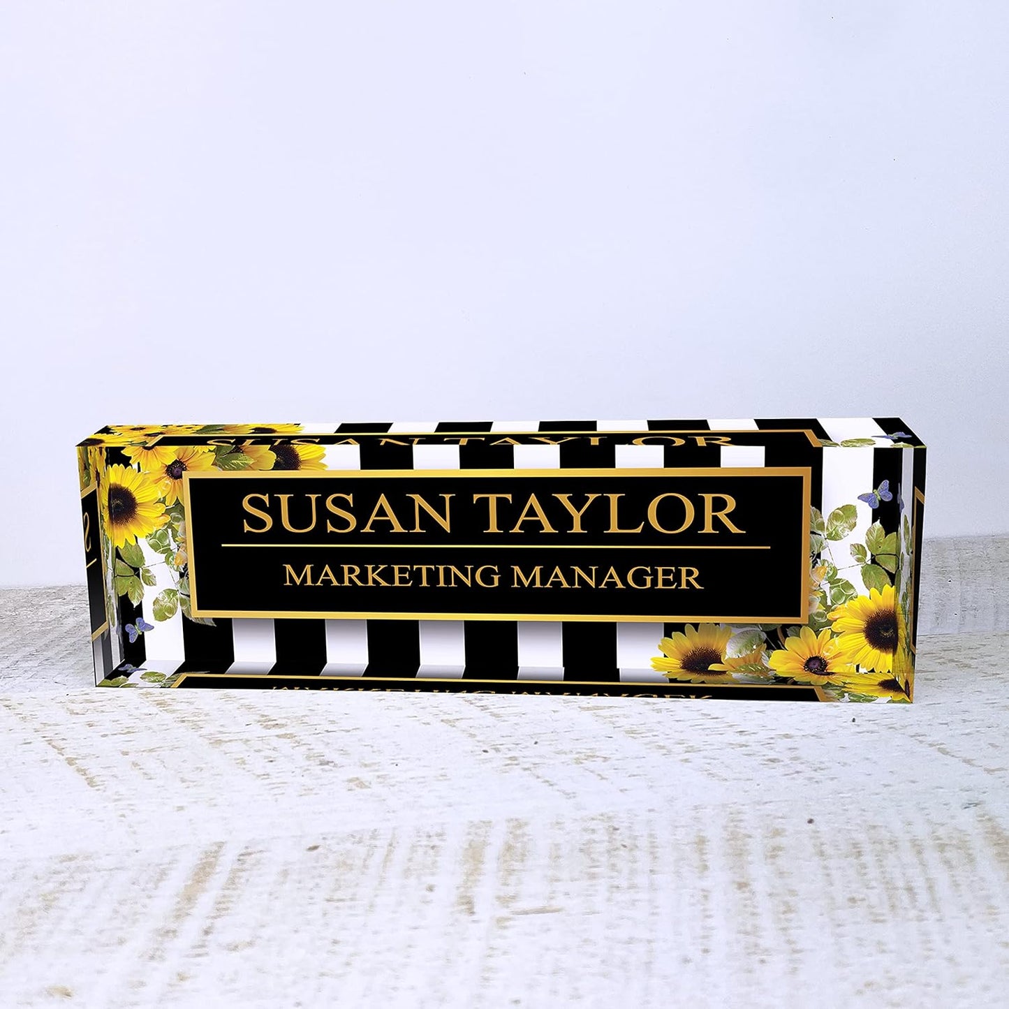 Artblox Office Desk Name Plate Personalized | Custom Name Plates on Acrylic Glass Decor | Office Desk Decor - Sunflowers Design - (8"x2.5")
