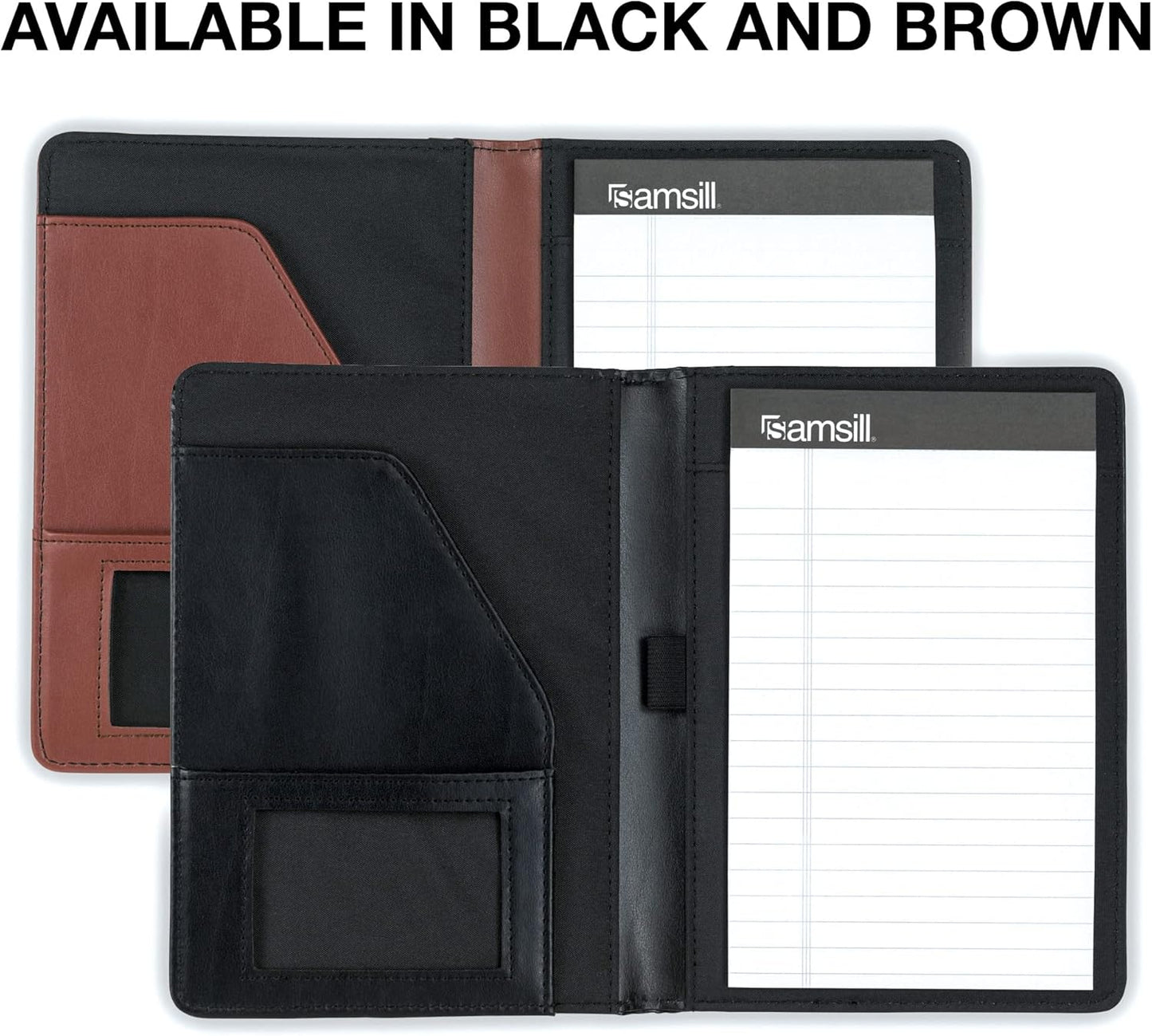 Samsill Contrast Stitch Faux-Leather Portfolio, Mini Size Business Interview Professional Padfolio, Includes 5 x 8 Inch Writing Pad, Black