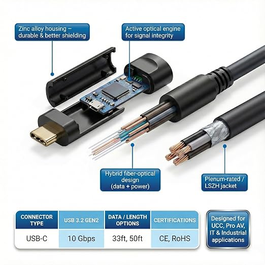 Fiber Optic USB A to USB C Cable 50ft, 10Gbps Active Optical Long-Distance - Image 3