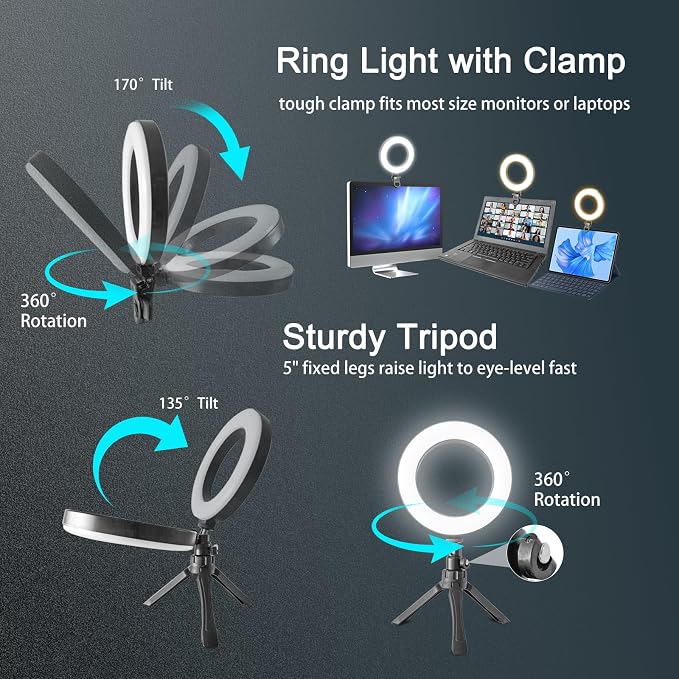 6" Ring Light Video Conference Kit, 5-Color 10-Brightness Clip-On Light - Image 4