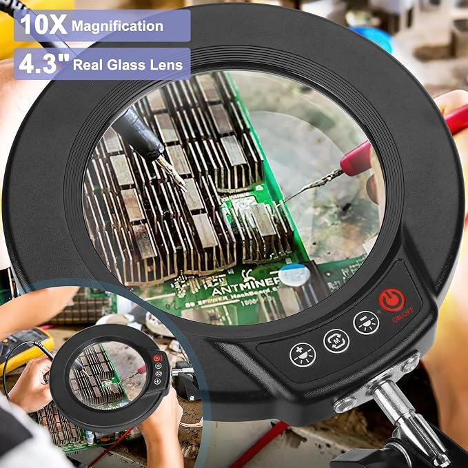 10X Magnifying Glass with Light and Clamp, Real Glass Stand Lighted Magnifier - Image 2