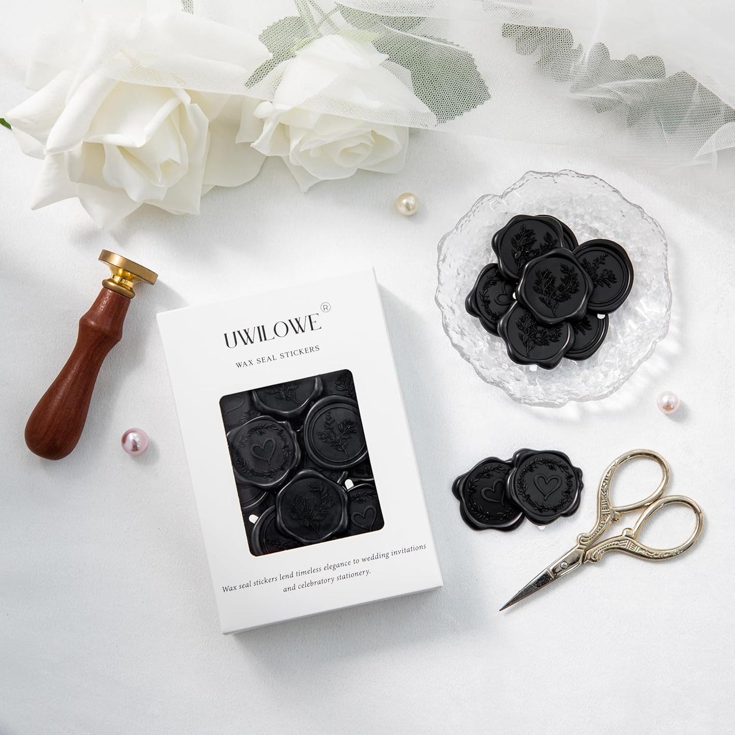 60 Pcs Black Wax Seal Stickers Self-Adhesive Envelope Seals Stamp Stickers, Perfect for Wedding Invitations Seating Chart Christmas Gift Wrapping 3 Designs in 1 Pack