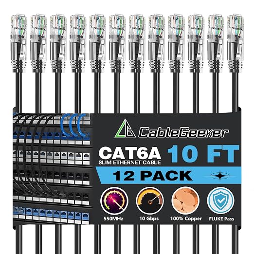 CableGeeker Patch Cables Cat6a 10ft Slim, Cat6 Ethernet Patch Cable 10G Support by CableGeeker