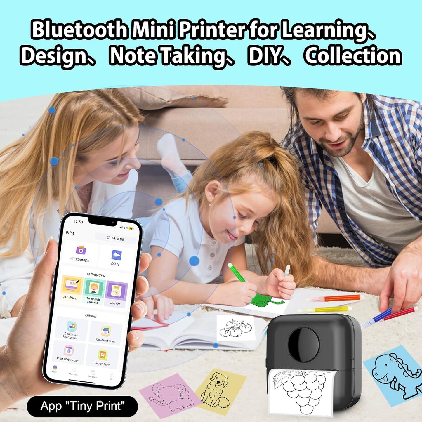 HuiJuKeJi Mini Sticker Printer Bluetooth Smart Pocket Inkless Thermal Printer with 11 Rolls Thermal Paper and Sticker for iOS&Android, Portable Receipt Printer for Photo Journal Notes Memo