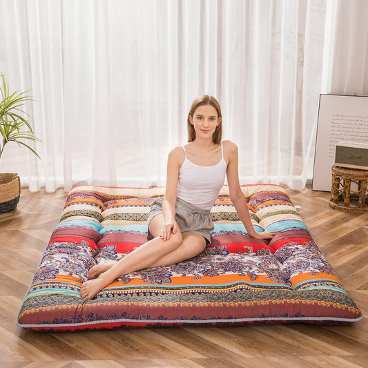 MAXYOYO Bohemian Retro Floor Mattress Vintage Floral Japanese Futon Mattress Roll Up Thicken Sleeping Bed Portable Camping Mattress Floor Lounger Couch Bed Mattress Pad, Queen Size