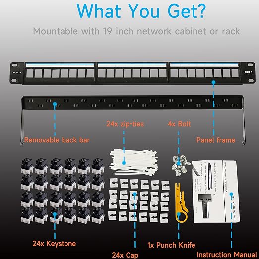 Cat6 Patch Panel 24 Port with Keystone, RJ45 Network Panel 19 Inch, Punch Down - Image 7
