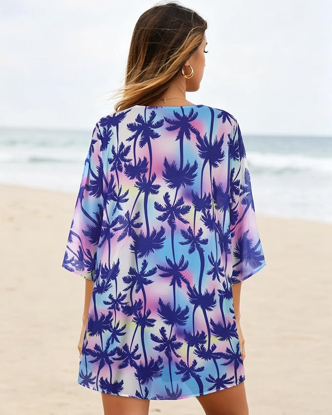 Women's Floral Print Puff Sleeve Kimono Cardigan Loose Cover Up Casual Blouse - Image 6