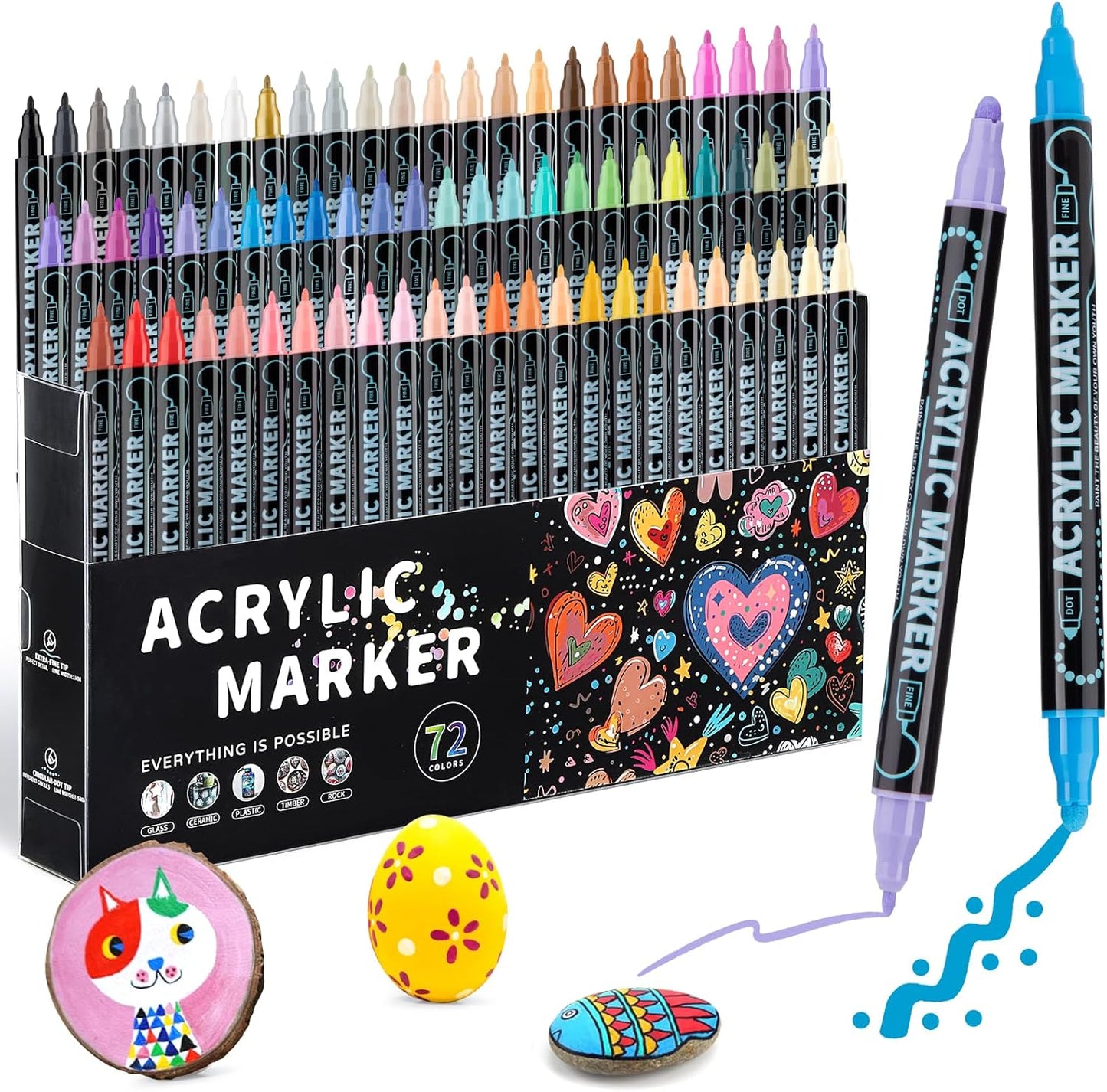 72 Colors Dual Tip Acrylic Paint Pens Markers, Double Tip Premium Acrylic Markers for Wood, Rock Painting, Glass, Canvas, Stone, DIY Crafts Making Art Supplies
