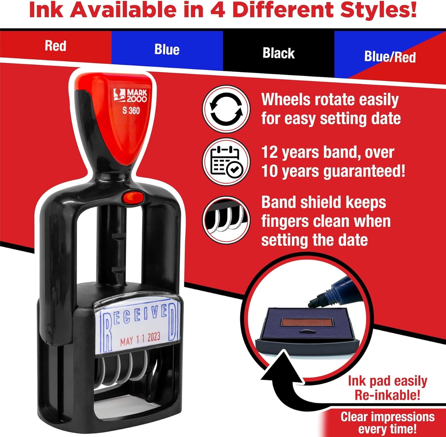Self-Inking Rubber Date Office Stamp with Scanned Phrase - Black Ink - 12-Year Band
