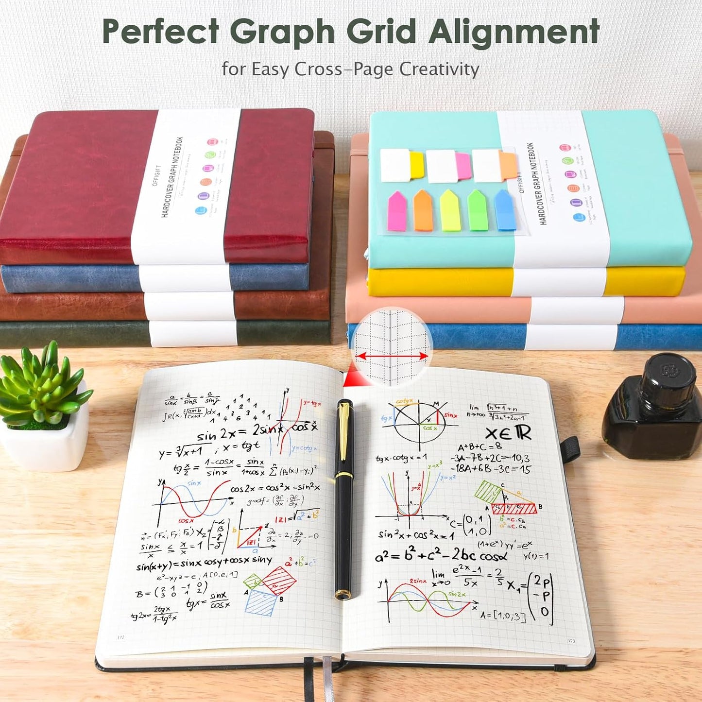 Graph Paper Notebook, 312 Numbered Pages Large A5 Hardcover Leather Journal, 100gsm No Bleed Grid Paper Notebook with Index Pages, Grid Notebook for Graphing Notes Math, 5.75" x 8.38", Green