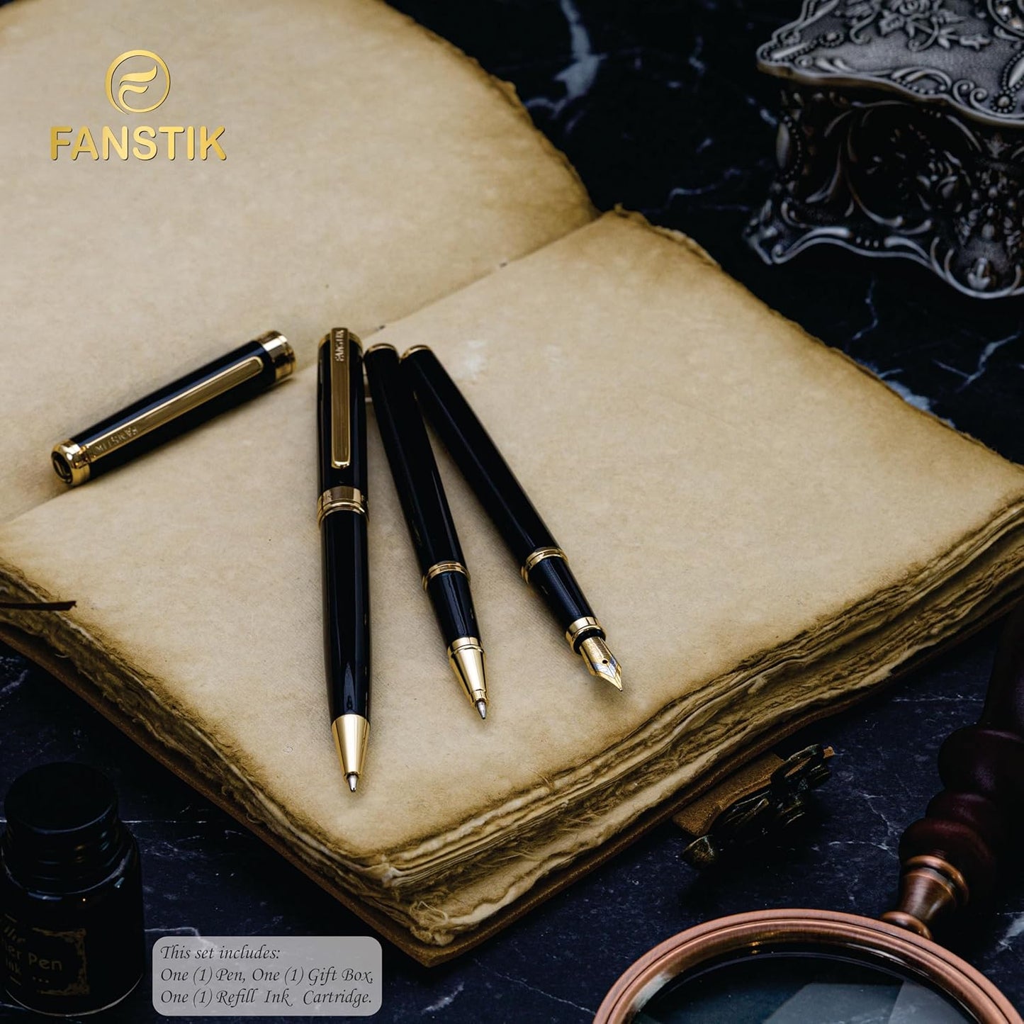 Customized Black & Gold Luxury fountain pen (Made In USA) fancy gift set for women, Real 24K Gold Plating, Professional executive pen gift set for men (Lux Custom-fountain Black-Gold)