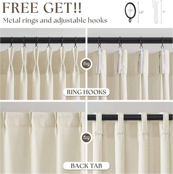 Cream Beige Pinch Pleated Linen Curtains 120 Inch 4 Panels Set - Image 5