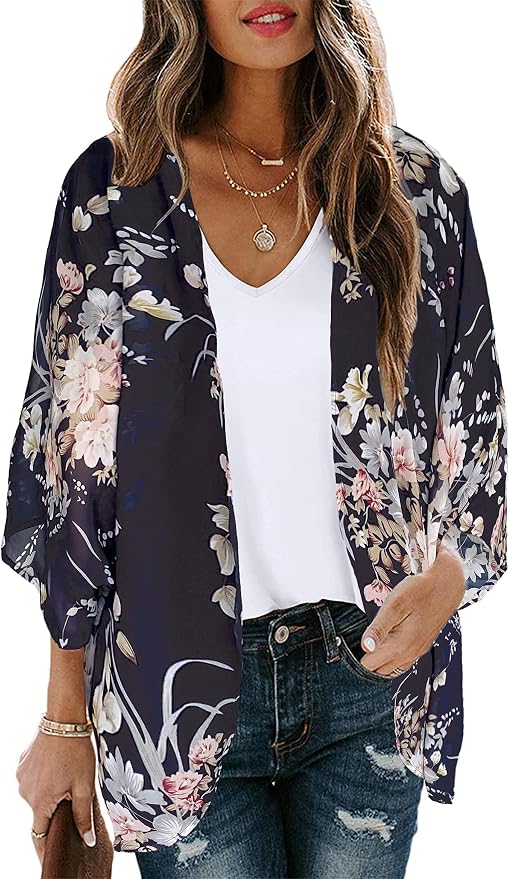 Women's Floral Print Puff Sleeve Kimono Cardigan Loose Cover Up Casual Blouse by CHICGAL