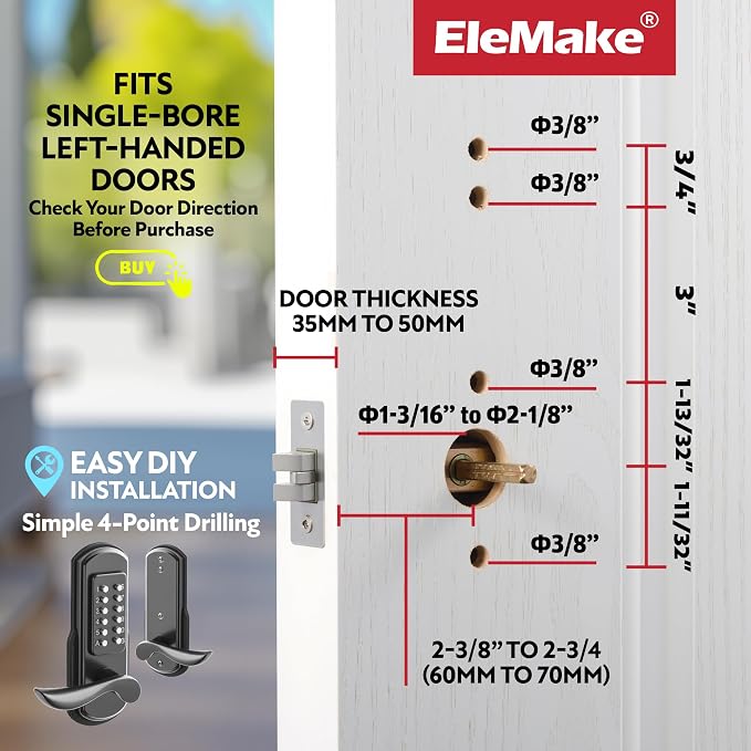 Mechanical Door Lock with Handle, Left Handed Keyless Entry Door Lock with - Image 6