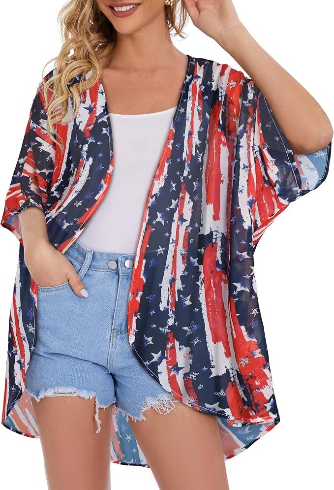 Women's Floral Print Puff Sleeve Kimono Cardigan Loose Cover Up Casual Blouse - Image 5