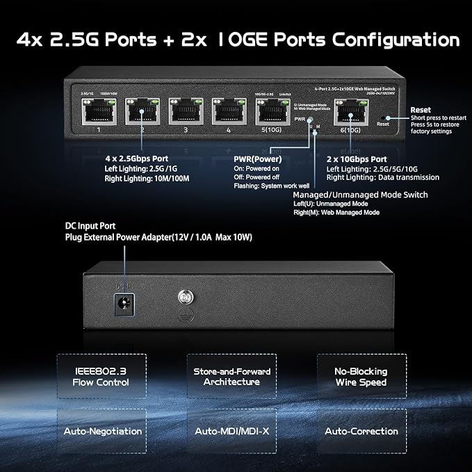 6 Port 10G Switch, 4 x 2.5G RJ-45 Base-T Ports, 2 x 10G RJ-45 Ports, Web - Image 4