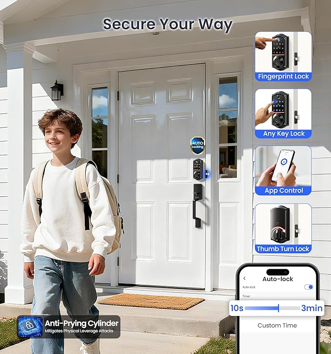 Veise VE017-D Smart Fingerprint Front Door Lock Set, App Control, 8-in-1 - Image 6
