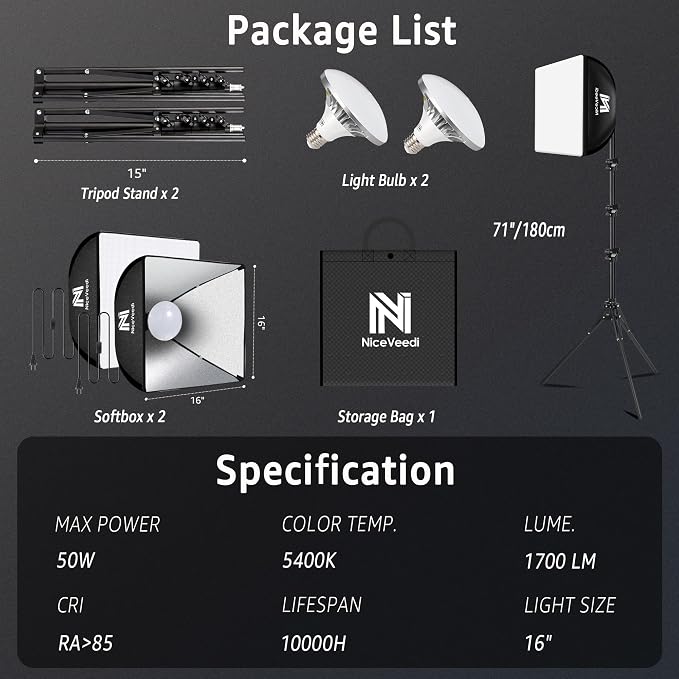 Softbox Lighting Kit, NiceVeedi 2-Pack 16'' x 16'' Softbox Photography Lighting - Image 7