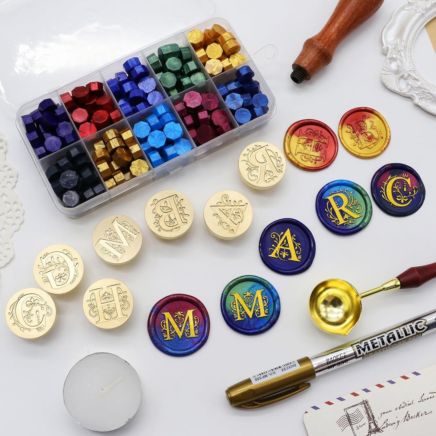 SWANGSA Initial Alphabet D Wax Seal Stamp Kit, Classic Retro Letter Sealing Stamp with 200pcs Sealing Wax Beads Kit for Wedding Invitations Cards Envelopes (D)