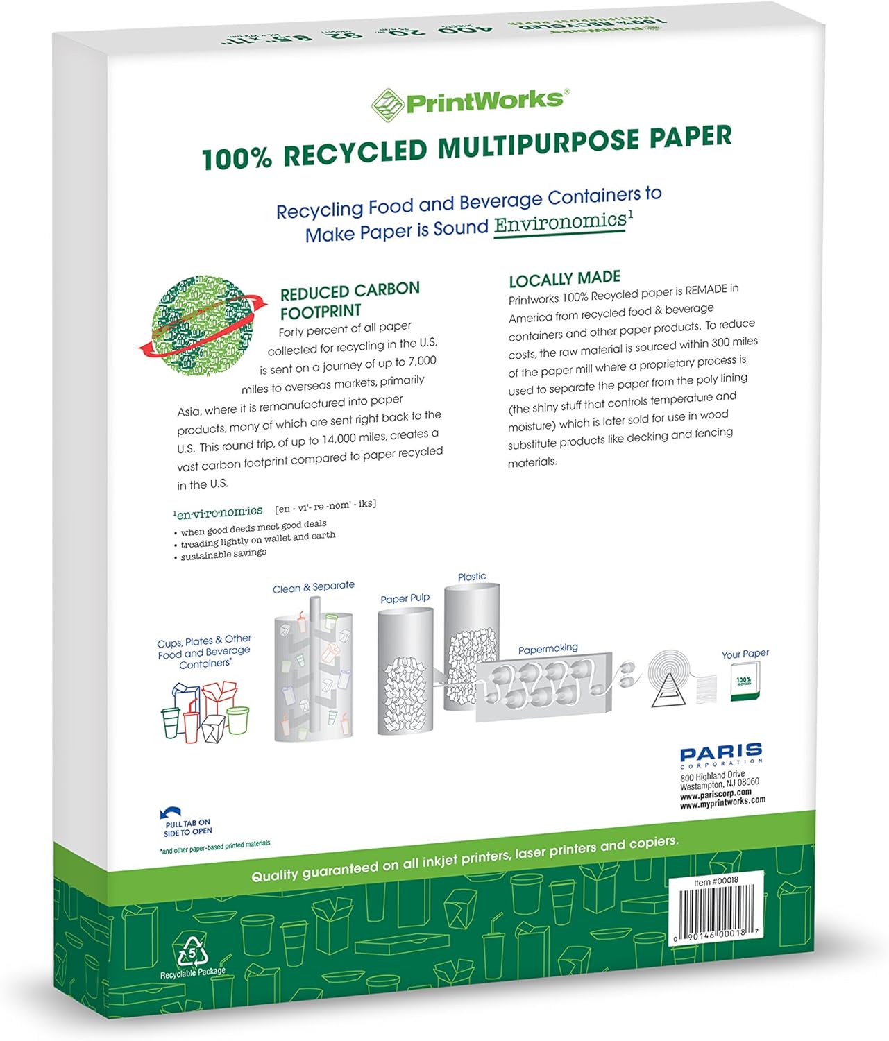 PrintWorks 100% Recycled Printer Paper 8.5" x 11" White - 20 lb Copy & Multipurpose Computer Paper - 8 Packs, 3200 Sheets - Made in the USA - 92 Bright - Printer & Copier Compatible (00018-8)