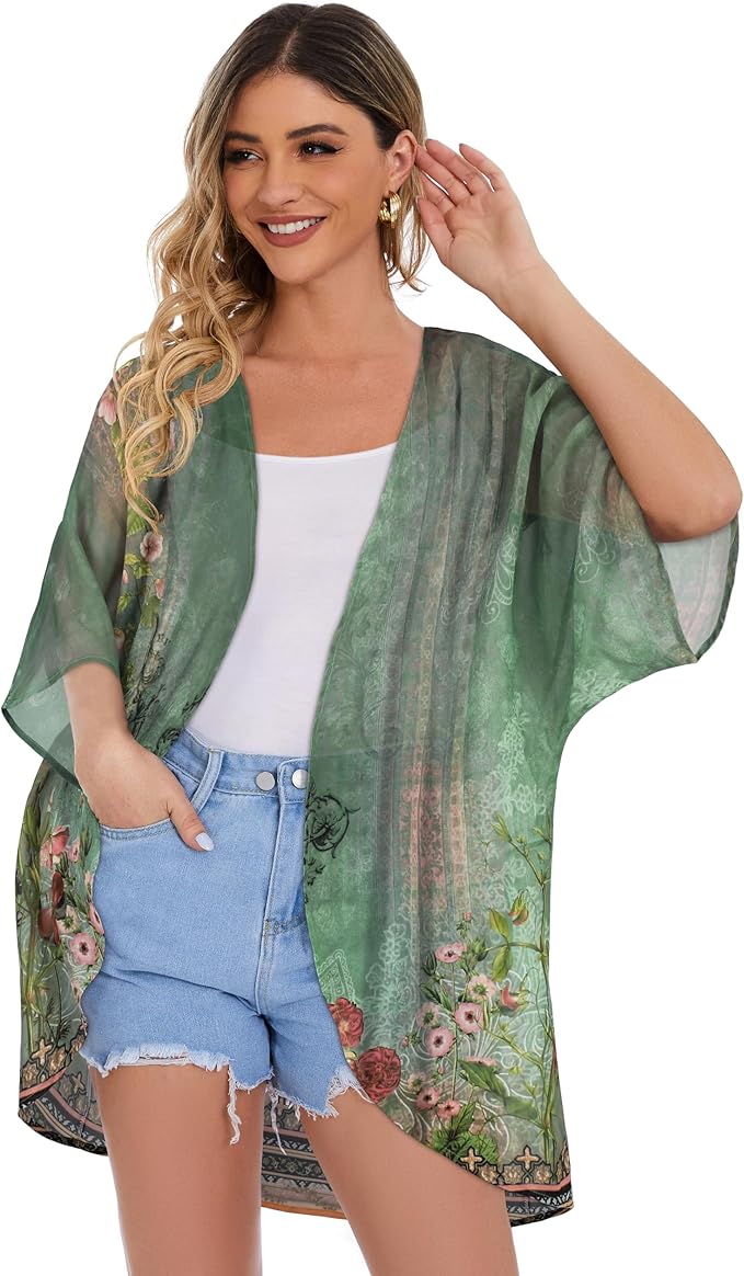 Women's Floral Print Puff Sleeve Kimono Cardigan Loose Cover Up Casual Blouse - Image 6