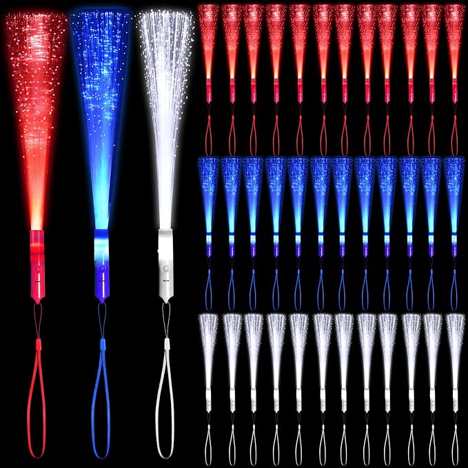 36 Pack Red Blue White Glow Sticks Light Up Fiber Optic Stick Glow Wands Bulk by NUDALA