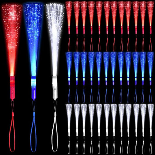 36 Pack Red Blue White Glow Sticks Light Up Fiber Optic Stick Glow Wands Bulk by NUDALA