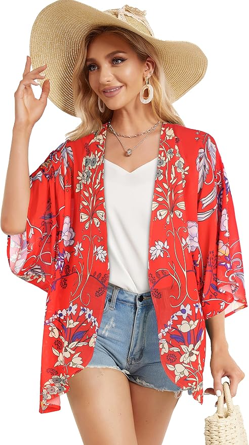Women's Floral Print Puff Sleeve Kimono Cardigan Loose Cover Up Casual Blouse - Image 5