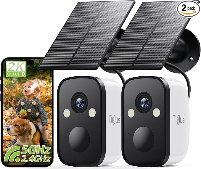 2K 5G Solar Security Cameras Wireless Outdoor 2-Pack, Wireless Cameras by Tiejus