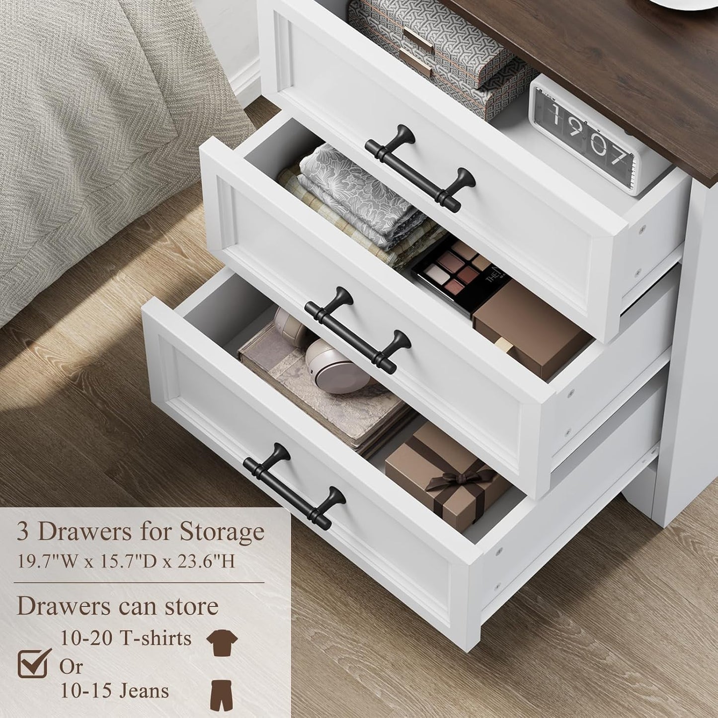 White Nightstand with Charging Station, 19.7" Farmhouse End Table with 3 Drawers Storage, Bedside Table with Brushed Metal Handles, Unique Base Design, 3 Drawer Dresser for Bedroom, Living Room
