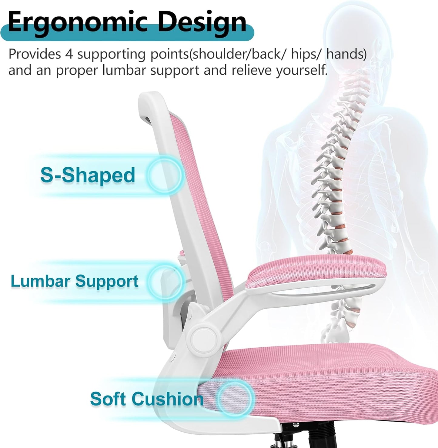 FelixKing Office Chair, Ergonomic Desk Chair Breathable Mesh Chairs with Adjustable High Back Lumbar Support Flip-up Armrests, Executive Swivel Comfy Task Computer Chairs for Home Office Pink