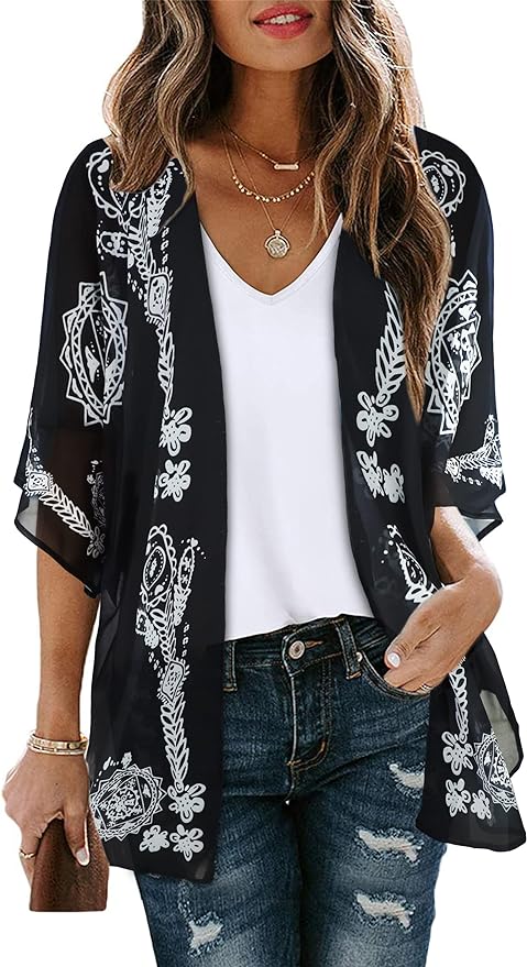 Women's Floral Print Puff Sleeve Kimono Cardigan Loose Cover Up Casual Blouse by CHICGAL