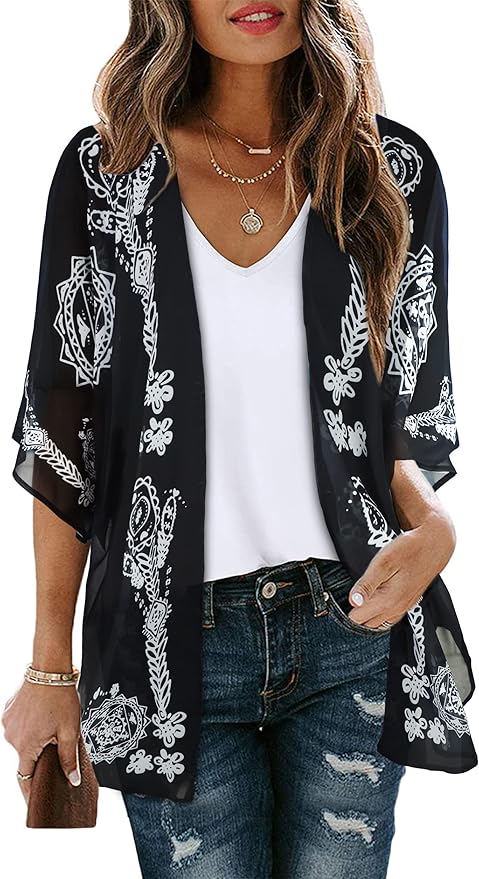 Women's Floral Print Puff Sleeve Kimono Cardigan Loose Cover Up Casual Blouse by CHICGAL