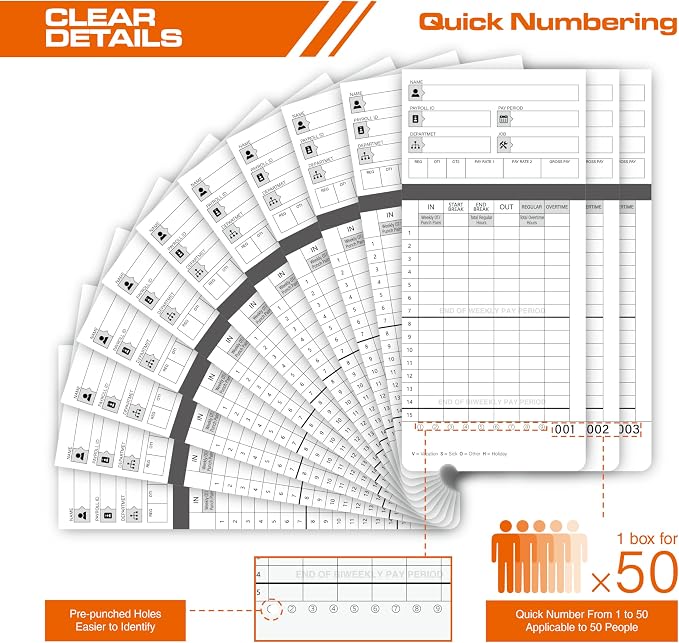 100 time Cards for HN4000, HN4500 time Clocks and More, Card Numbers 1-50 - Image 5