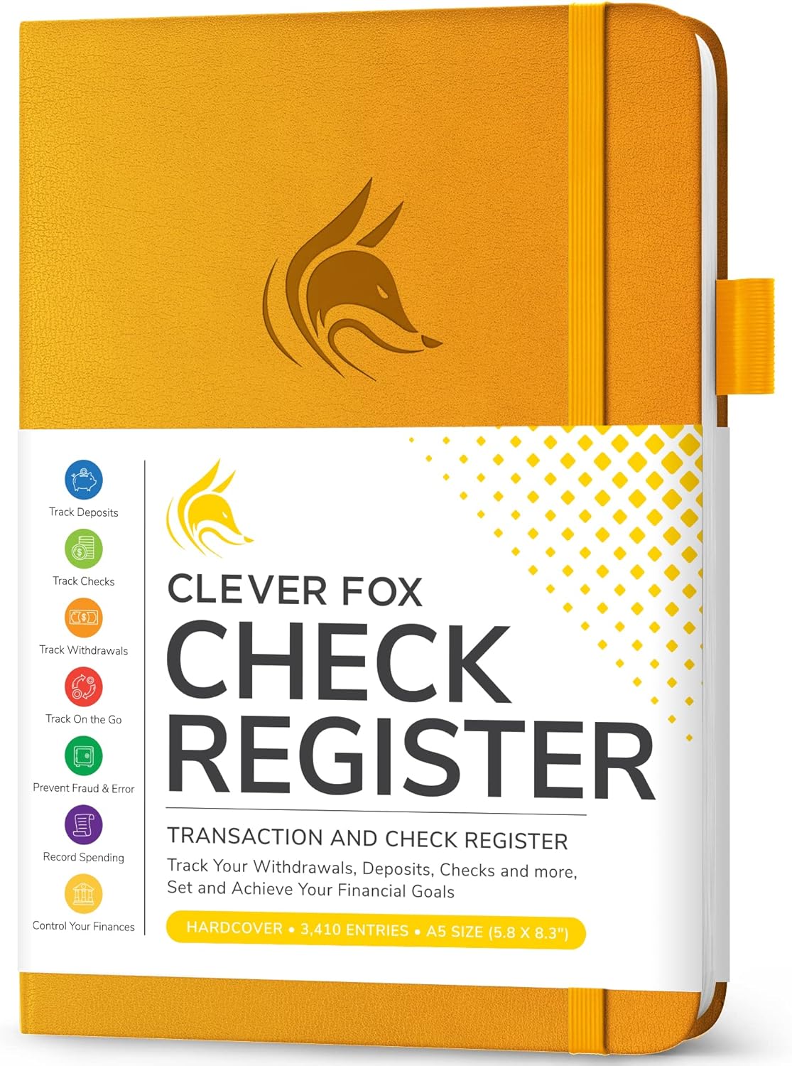 Clever Fox Check Register Book - Deluxe Transaction Register, Accounting Ledger Book, Checkbook Register & Checking Account Register Book for Personal and Work Use, A5 Hardcover - Yellow